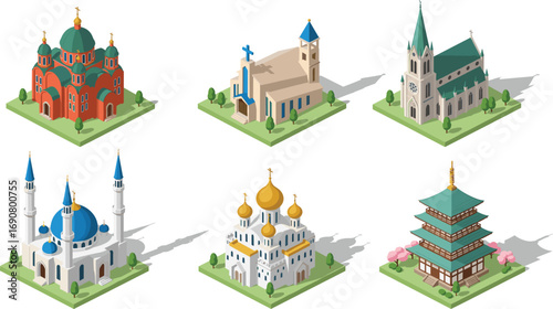 Global religious architecture vector set featuring mosque, church, cathedral, pagoda, Orthodox domes, cultural diversity, iconic worship buildings illustration