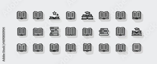 A modern line art icon collection of various books and journals. The vector graphics feature adjustable stroke widths, allowing for complete customization and scalable, high-quality illustrations.