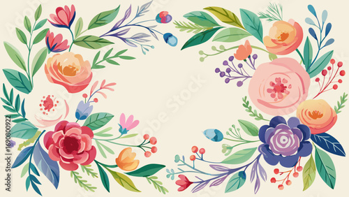 Vector art of floral frame with colorful flowers and leaves, perfect for wedding invitations, greeting cards, or any design that needs a touch of natural beauty