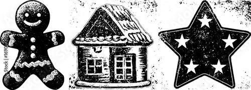 Christmas holiday grunge black and white set: gingerbread man, cottage, and star for festive design