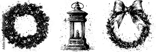 Christmas grunge black and white illustrations of wreaths and lantern