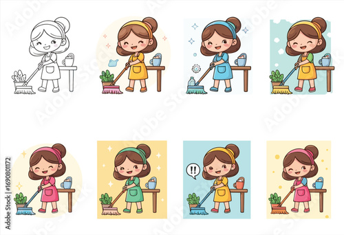 Cute little girl cleaning floor with mop, cartoon housework illustration, happy child doing chores, domestic hygiene concept artwork