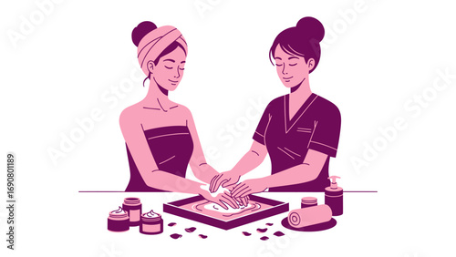 Young woman receiving a professional manicure at a beauty salon with a technician applying nail polish and tools laid out