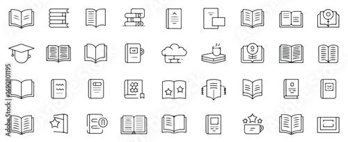 A modern line art icon collection of various books and journals. The vector graphics feature adjustable stroke widths, allowing for complete customization and scalable, high-quality illustrations.