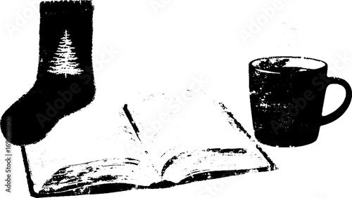 Grunge black and white christmas elements with open book and coffee mug for holiday design
