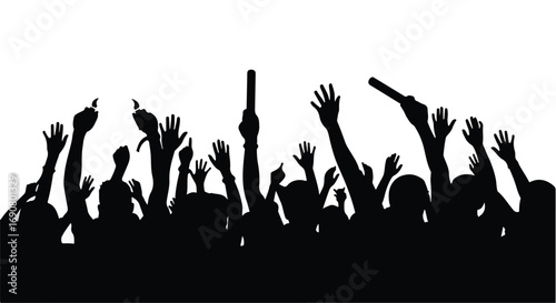 Enthusiastic crowd with raised hands celebrating at a concert or event