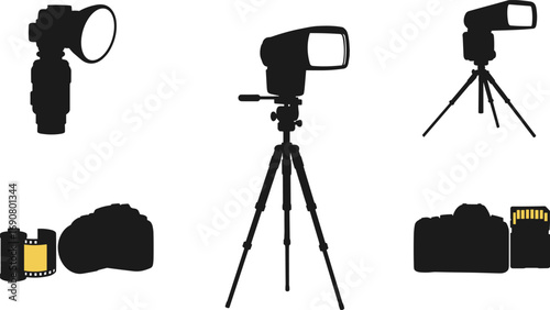 Photography equipment icons set, camera flash, tripod mounted flash, film roll, DSLR camera, memory card, professional photo gear, lighting accessories