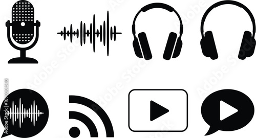 Podcast media icons set, microphone, sound waves, headphones, play button, audio signal, broadcasting, recording, vector podcast elements