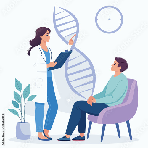 Vector art of doctor explaining dna structure to patient, genetic consultation and medical examination concept