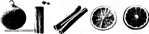 Black and white grunge illustration of citrus and spices for design projects