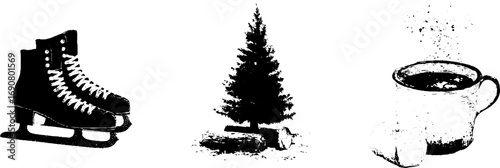 Black and white grunge winter elements set for holiday designs