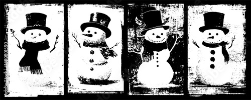 Grunge black and white snowman illustration set for winter designs