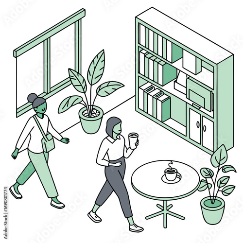 Vector art of isometric office scene with two women walking, featuring a table with coffee, plants, and a bookcase, creating a modern and professional atmosphere