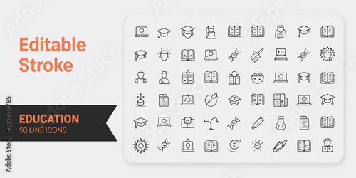 A professional vector illustration of a diverse education icon set, featuring clean, modern symbols for school, learning, and various academic concepts 