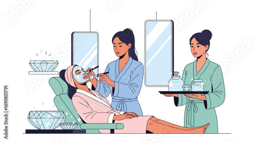 Young woman receiving a facial mask treatment from a beautician in a spa with a second attendant holding a tray of beauty products