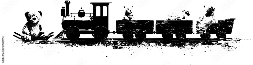 Obraz premium Grunge black and white vintage train with teddy bear scene for urban art