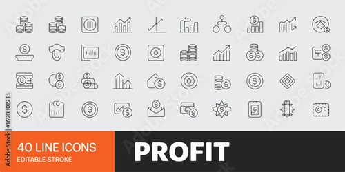 A set black and white line art financial and business icons. Including money income, money savings, earnings, money, cash, investment, financial growth and more. Editable stroke. Vector illustration.