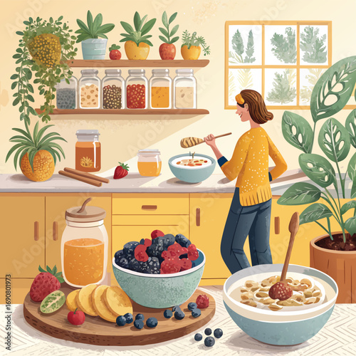Vector art of a vibrant kitchen scene with a woman preparing a healthy breakfast with fresh fruits, oatmeal, and honey, surrounded by plants and natural light