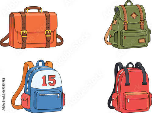 Vector backpack collection featuring hiking, school, sporty, satchel styles with straps, pockets, buckles, modern design, travel gear illustration set