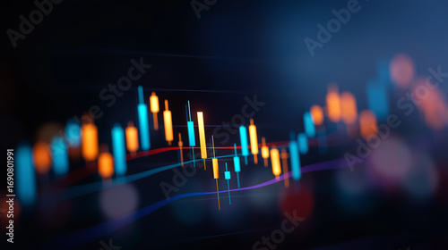 A vibrant financial dashboard glows with 3D candlestick and line charts numbers updating in real time. The atmosphere reflects clarity focus and dynamic market analysis with