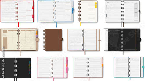 Vector planner and journal layout set with daily schedule, calendar, notes, to-do list templates for productivity and organization design