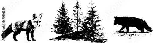 Grunge black and white nature silhouettes featuring foxes and forest trees