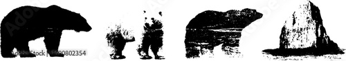 Grunge black and white grizzly bears and mountain silhouettes for creative design