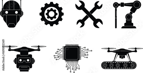 Robotics and technology icons set, robot head, gears, tools, robotic arm, drones, microchip, automation, innovation, black silhouette vector