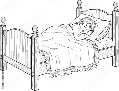 Vintage black and white vector illustration of sleeping child in wooden bed with blanket, peaceful bedtime scene for children’s content