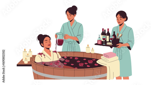 Woman enjoying a relaxing wine bath treatment with attendants serving wine and offering spa products for ultimate rejuvenation and wellness