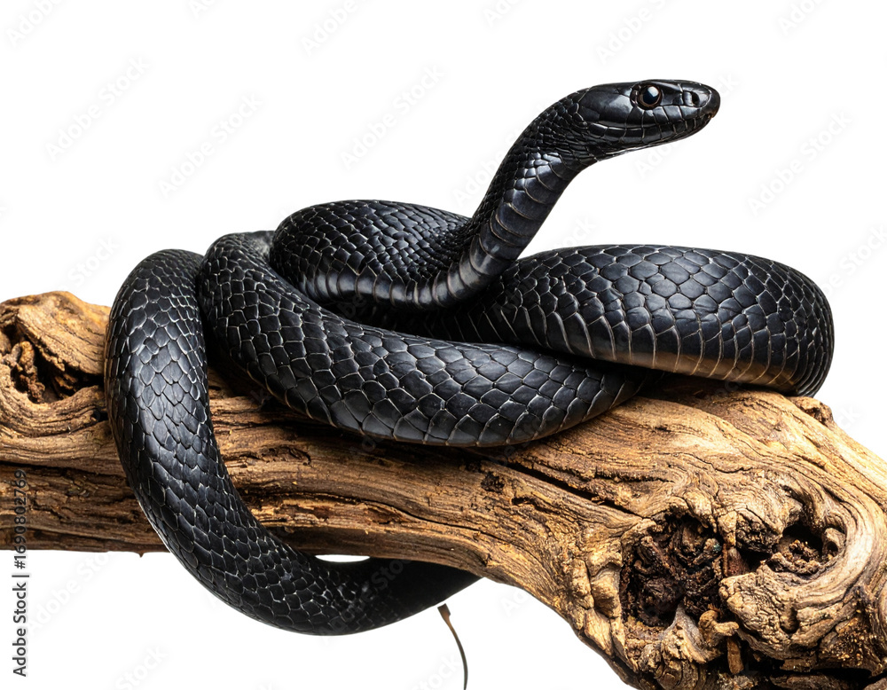 Fototapeta premium Black Mamba Snake Coiled Around Branch, Angled Wildlife Composition, Transparent Background
