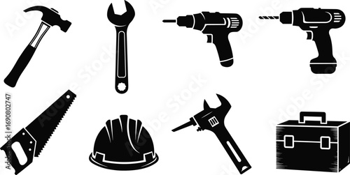 Set of construction tools icons including hammer, wrench, electric drill, saw, hard hat, toolbox, hand tools, repair gear, safety equipment, maintenance tools.