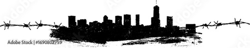 Grunge black and white cityscape with barbed wire border for urban design