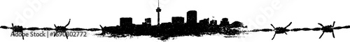 Urban cityscape silhouette with barbed wire in grunge black and white design