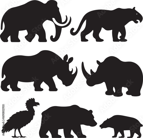 Collection of African and prehistoric animal silhouettes on white background Keywords: elephant