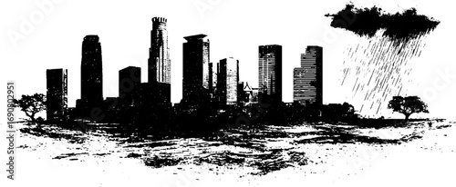 Grunge black and white cityscape with rainy sky silhouette for urban design projects