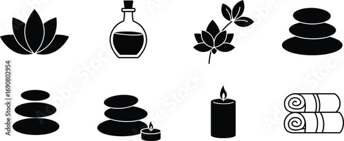 Spa and wellness icon collection with lotus, stones, candles, essential oils, towels, and natural elements for relaxation and therapy design.
