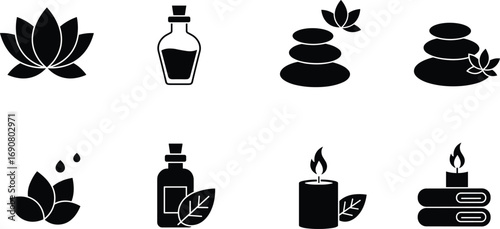 Spa and wellness icon set with candles, stones, essential oils, lotus flowers, towels, and leaves for relaxation illustrations.