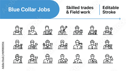 Professions blue-collar job icons set. Editable stroke.