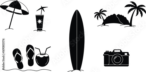 Summer beach vacation icons set, umbrella, surfboard, coconut drink, flip flops, tropical island, palm trees, camera, cocktail