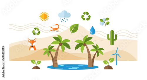 Flat illustration depicting a desert oasis with diverse ecosystem components and renewable energy