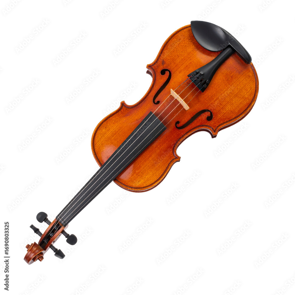 Fototapeta premium Detailed Top View Of a Violin with Transparent Black Background Showing Wooden Texture and Musical Instrument Detail