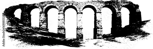 Black and white grunge illustration of historic stone arch bridge