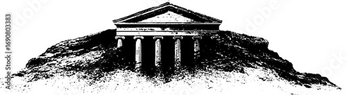 Grunge black and white illustration of ancient temple ruins for design and print