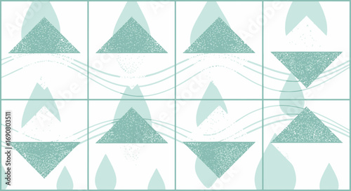 Geometric abstract pattern with triangles, waves and drops in light blue color palette
