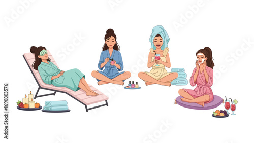Four young women enjoying a relaxing spa day with face masks cucumber slices and refreshing drinks in a serene setting