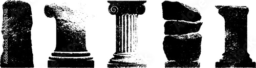 Ancient architectural columns set in grunge black and white design for vintage posters