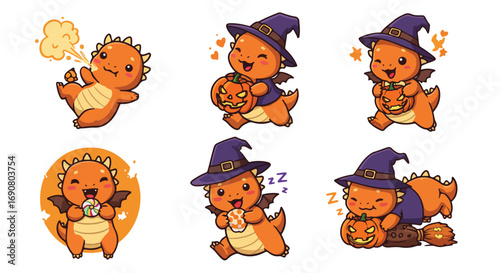 Adorable Halloween Dragon Clipart Set Witchy Fantasy Creatures with Pumpkins, Sweets, and Festive Fun for Your Spooky Designs