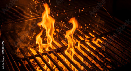Intense Flames Dancing on a Grill Grate Ready for a Barbecue Cookout Delight