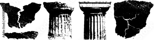 Grunge black and white classic column and fragment set for urban art design